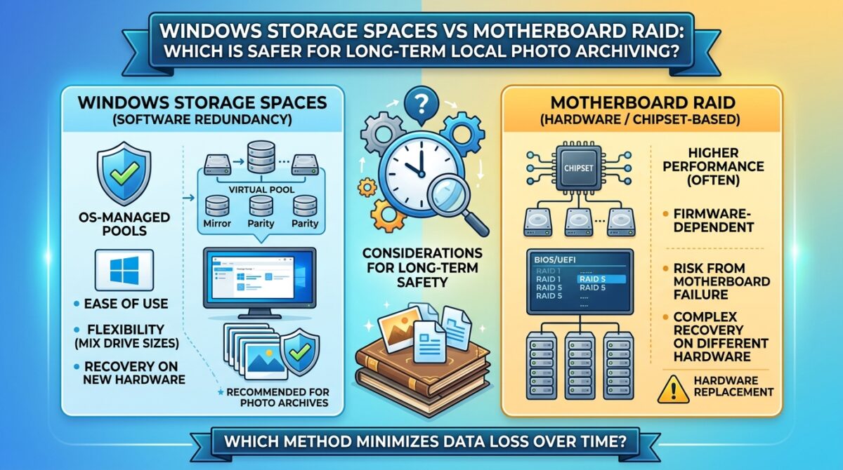 Windows Storage Spaces vs Motherboard RAID: Which is Safer for Long-Term Local Photo Archiving
