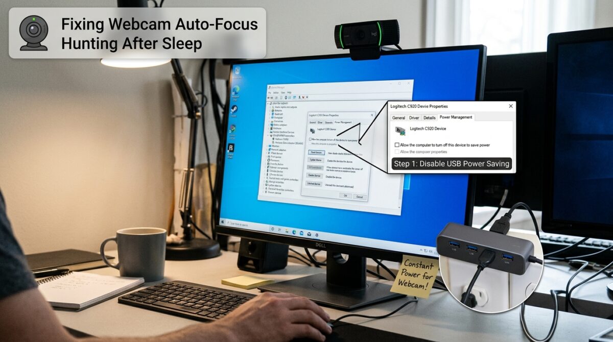How to Keep a USB Webcam Actively Powered On to Prevent Auto-Focus Hunting After Sleep Mode